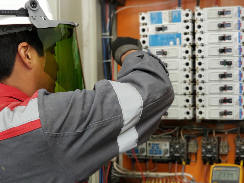 Juruelektrik memakai topi keselamatan dan pelindung muka sedang menguji panel elektrik